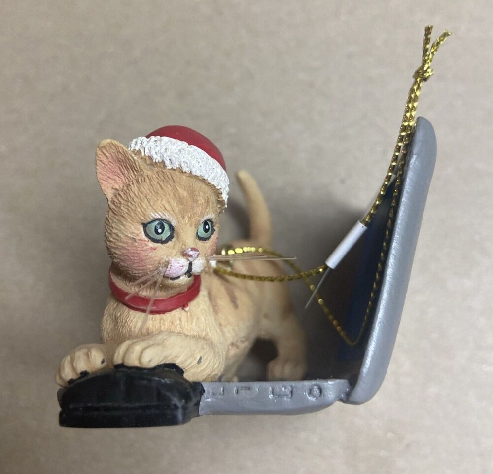 Kurt Adler Lap Top Cat Ornament Orange Tabby Mouse Manager NWT green eyes